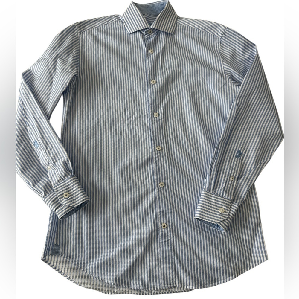 Bugatchi Blue and White Vertical Stripe Dress Shirt